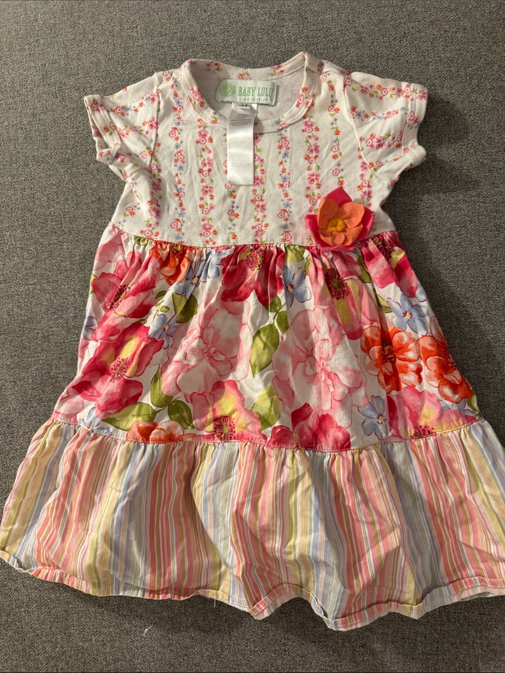 3/$15- Baby Lulu Floral Cotton Tiered Dress with Flower Accent